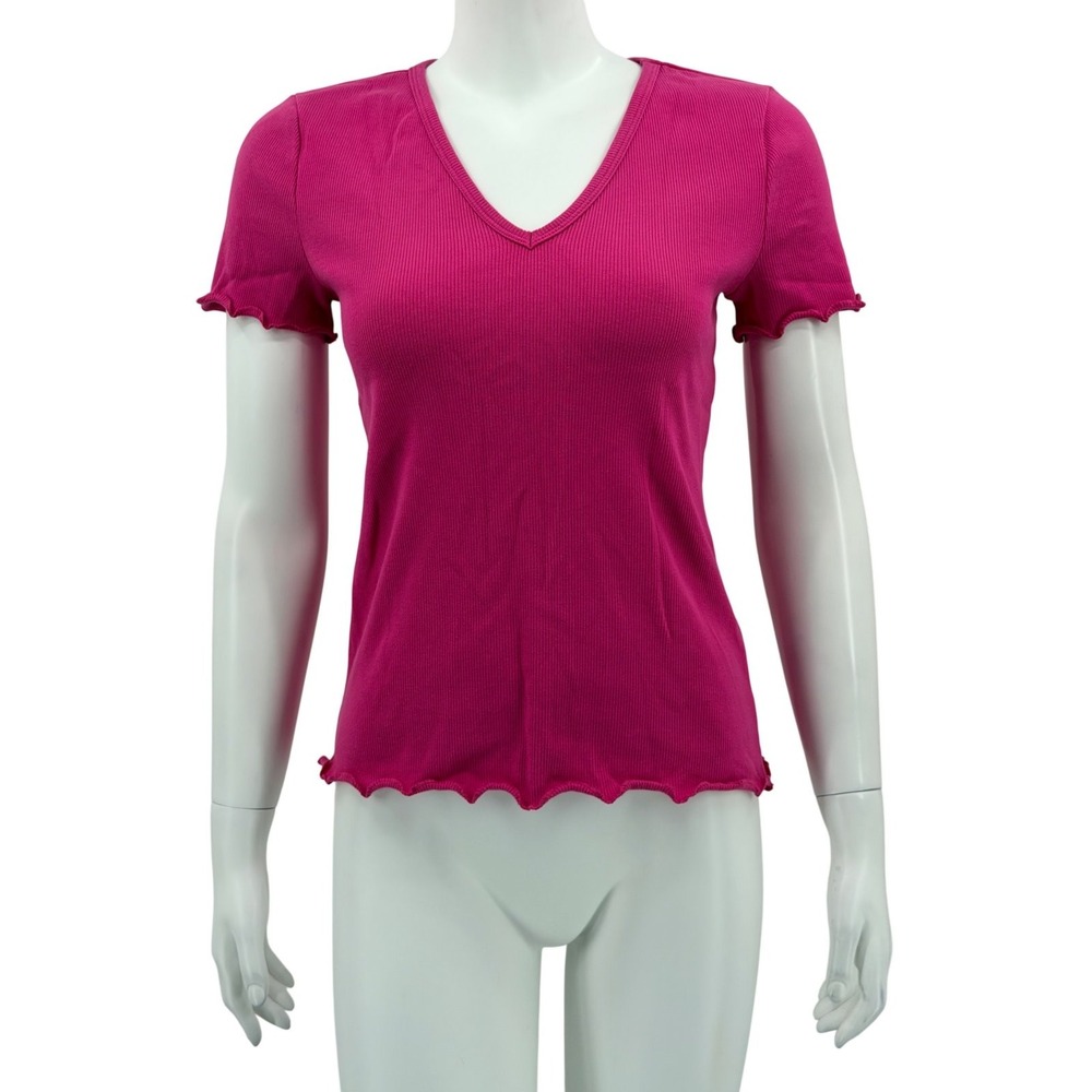 Riley & Rae Top Womens XS Pink Ribbed Lettuce Hem Stretch Casual Summer Everyday